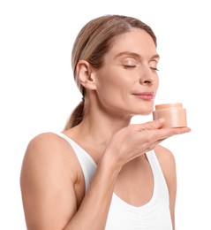 Photo of Woman with jar of body cream on white background