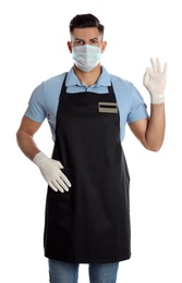 Photo of Waiter wearing medical face mask on white background