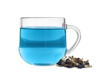 Photo of Glass cup of organic blue Anchan on white background. Herbal tea