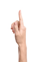 Photo of Woman pointing at something on white background, closeup of hand