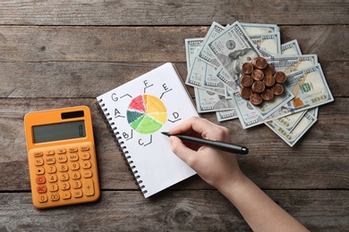Photo of Woman with calculator, energy efficiency rating chart and money on wooden background, top view