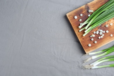 Photo of Beautiful composition with fresh green onion on table, top view