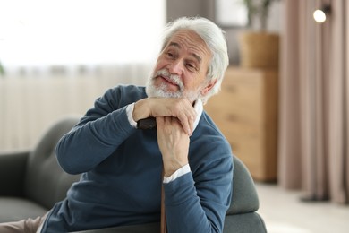 Photo of Portrait of happy grandpa with walking cane sitting on sofa indoors