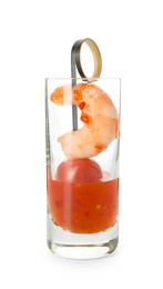 Photo of Tasty canape with shrimp, tomato and sauce in shot glass isolated on white