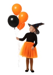 Photo of Cute little girl with balloons wearing Halloween costume on white background