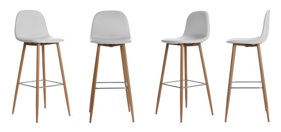 Image of Set with stylish bar stools on white background. Banner design