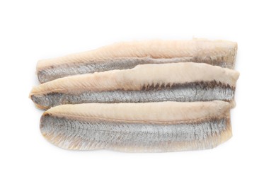 Photo of Delicious salted herring fillets on white background, top view