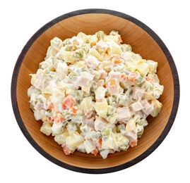 Photo of Delicious salad Olivier on white background, top view