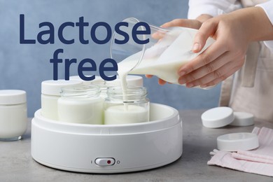 Image of Woman making lactose free yogurt at grey table, closeup