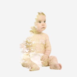Image of Double exposure of cute little child and green tree on white background