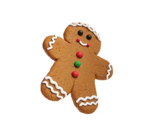 Photo of Christmas cookie in shape of gingerbread man isolated on white