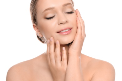 Photo of Portrait of young woman with beautiful face on white background, closeup