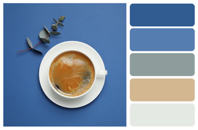 Image of Black coffee and eucalyptus on bright background, flat lay. Color of the year 2020 (Classic blue)
