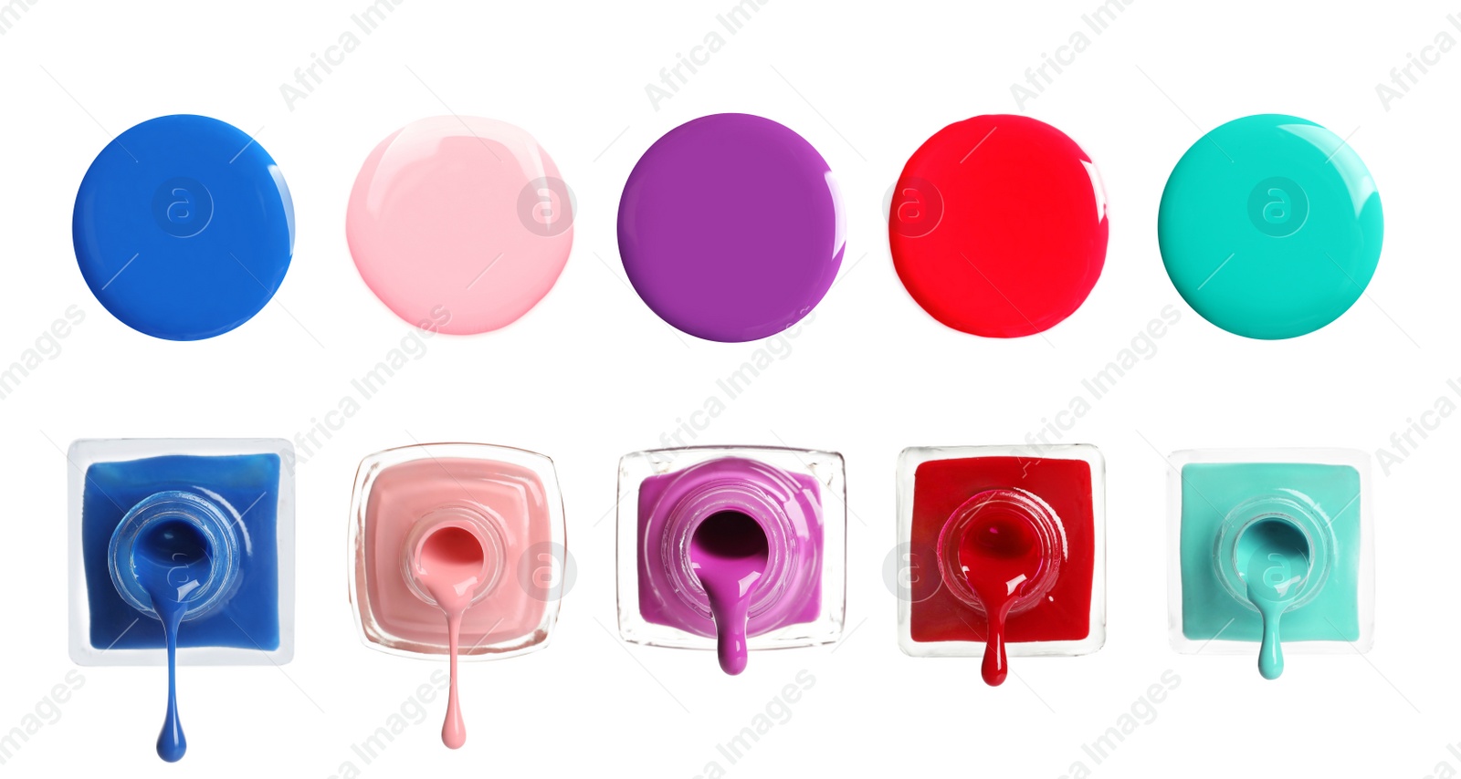 Image of Set of different nail polishes on white background. Banner design