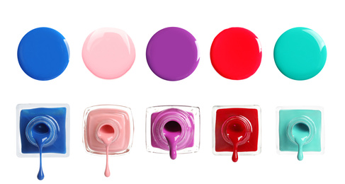 Image of Set of different nail polishes on white background. Banner design