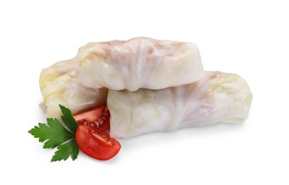 Uncooked stuffed cabbage rolls, tomato and parsley isolated on white