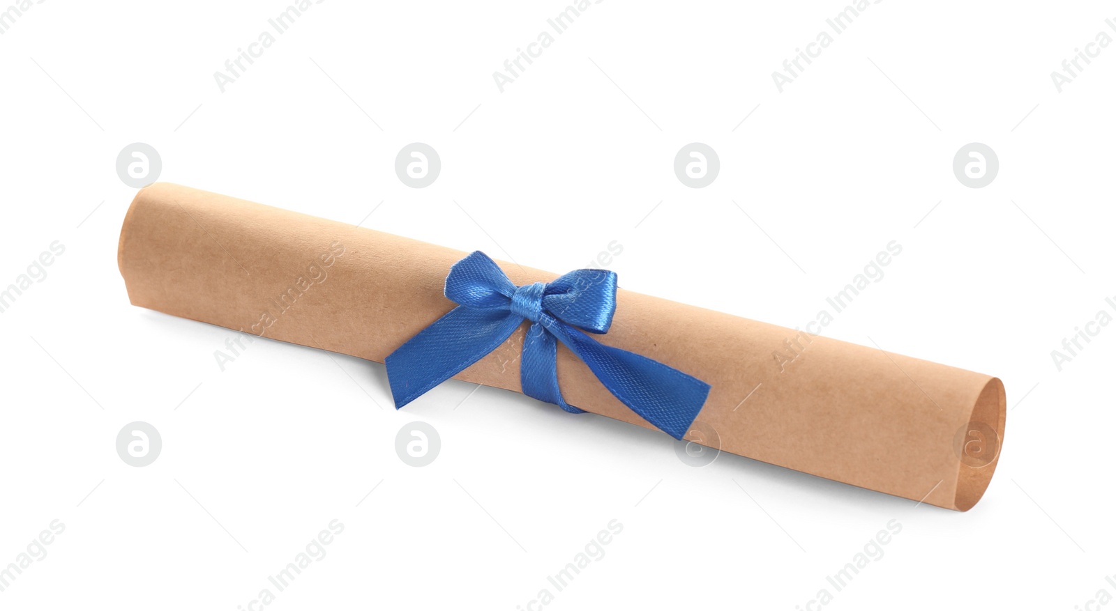 Photo of Rolled student's diploma with light blue ribbon isolated on white