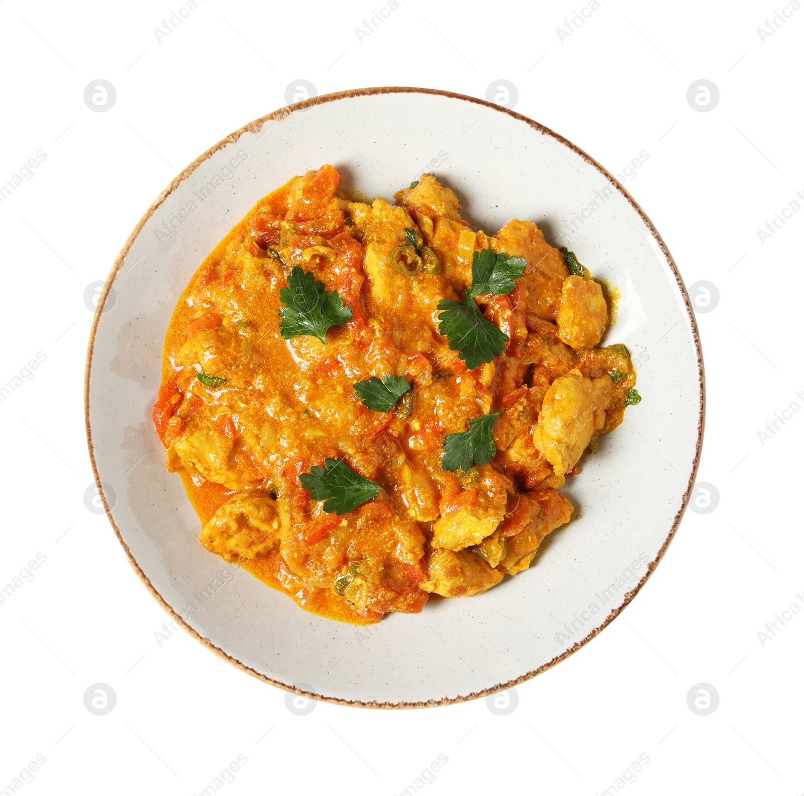 Photo of Delicious chicken curry isolated on white, top view