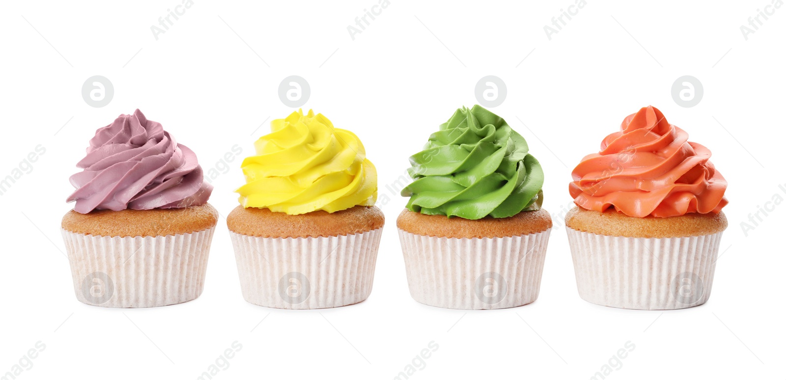 Photo of Different delicious colorful cupcakes on white background