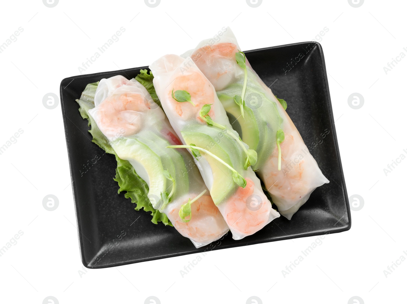 Photo of Delicious spring rolls wrapped in rice paper isolated on white, top view