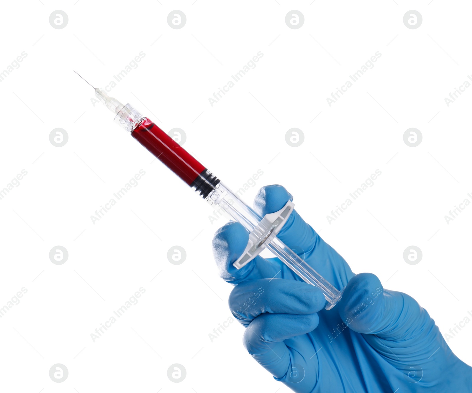 Photo of Nurse holding syringe with blood on white background, closeup