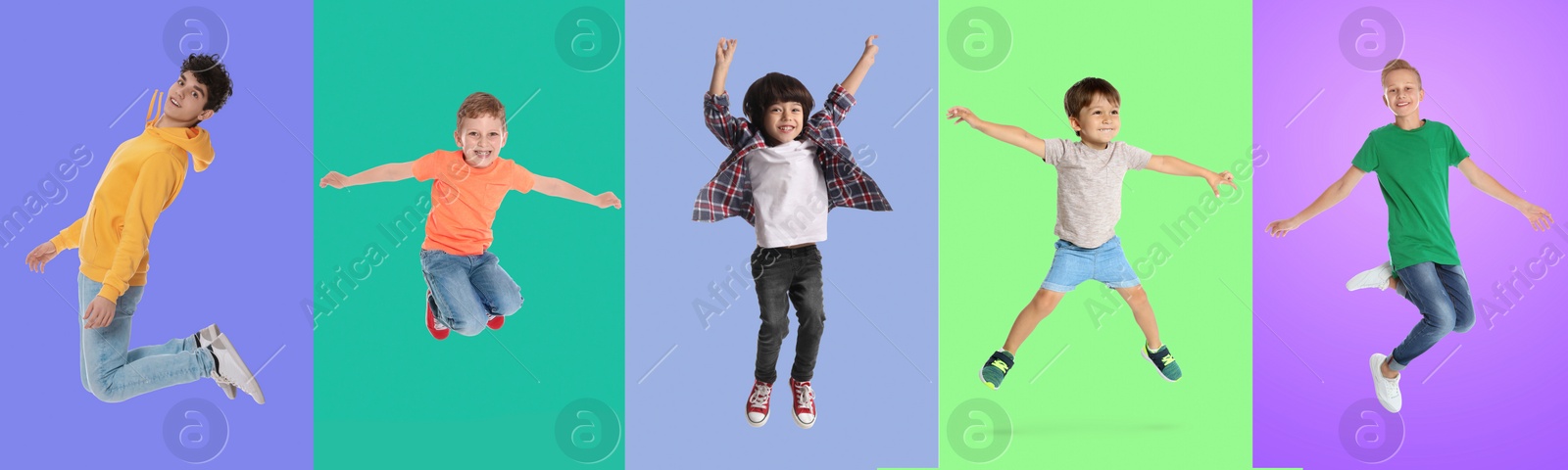 Image of Group of children jumping on color backgrounds, set of photos