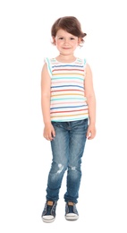 Full length portrait of cute little girl in casual outfit on white background