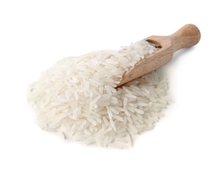 Photo of Scoop and uncooked long grain rice on white background