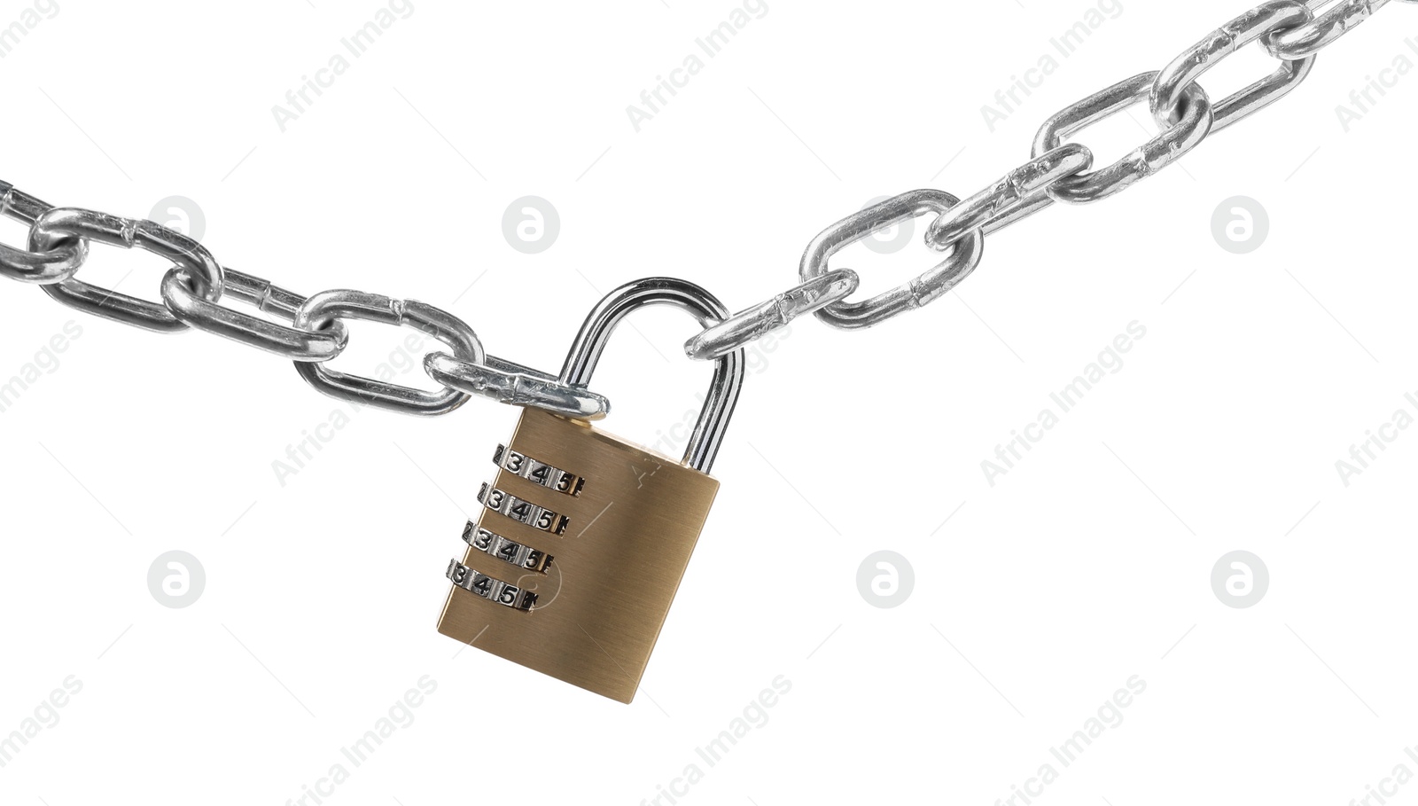 Photo of Steel combination padlock and chain isolated on white