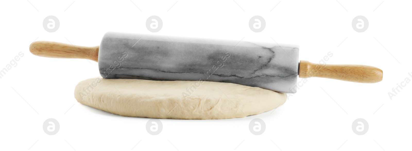 Photo of Raw dough and rolling pin isolated on white