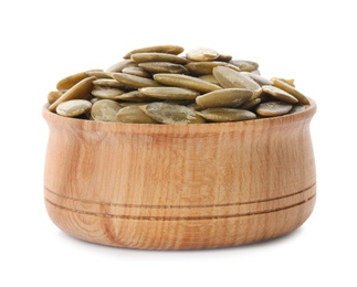 Photo of Bowl with raw pumpkin seeds on white background