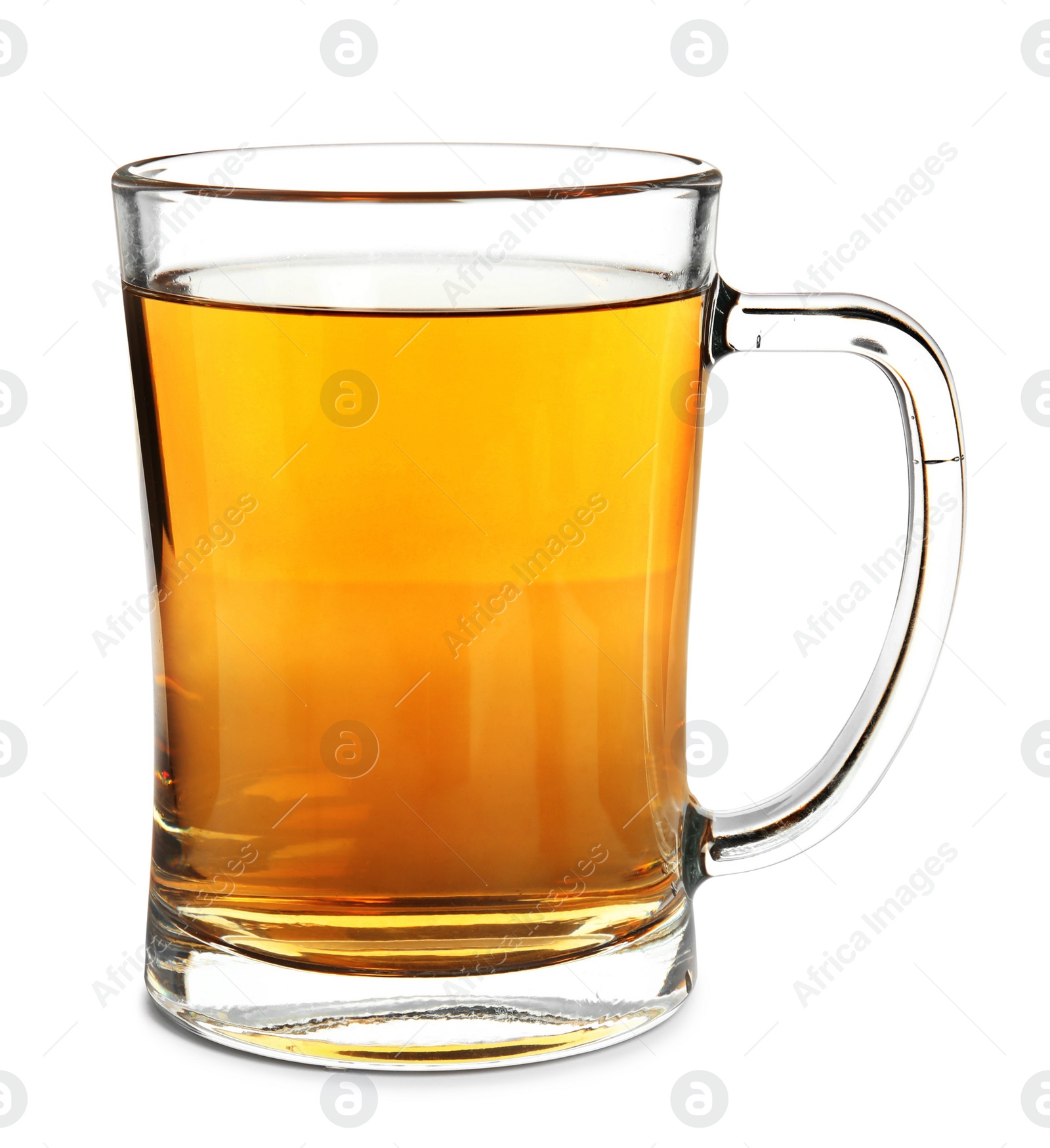 Photo of Delicious apple cider in glass mug isolated on white