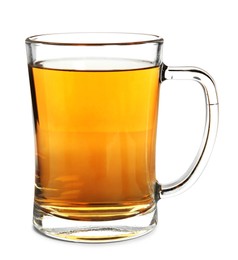 Photo of Delicious apple cider in glass mug isolated on white