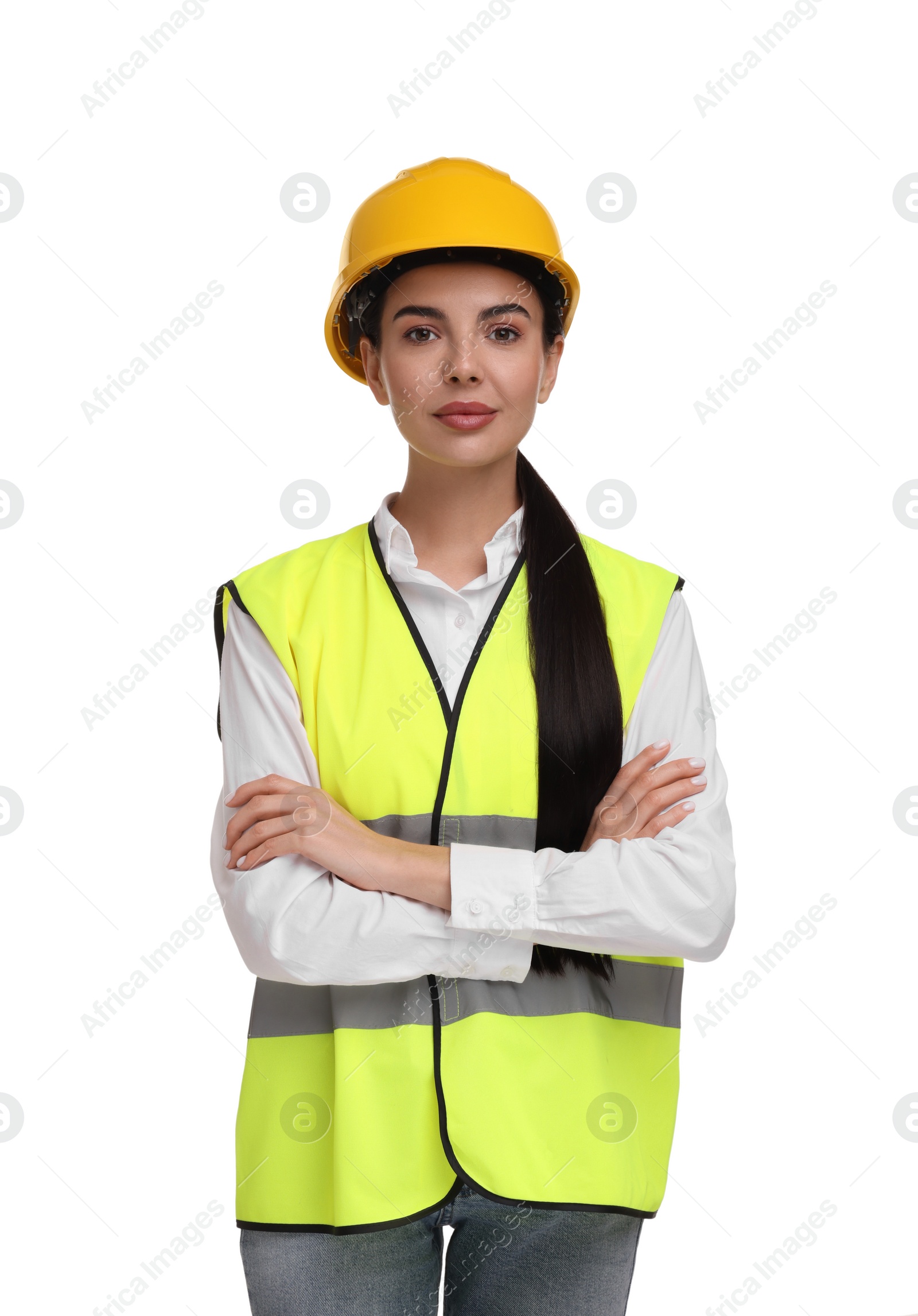 Photo of Engineer in hard hat on white background