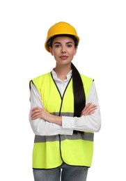 Photo of Engineer in hard hat on white background