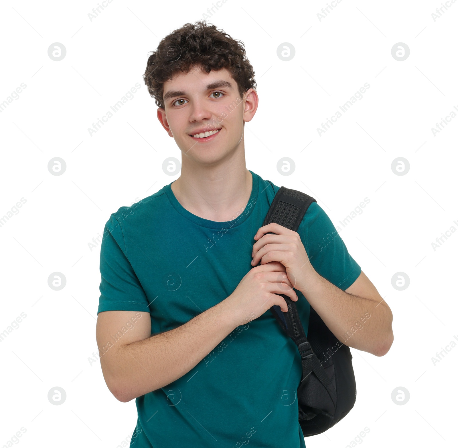 Photo of Portrait of student with backpack on white background