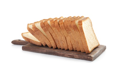 Photo of Wooden board with tasty bread on white background