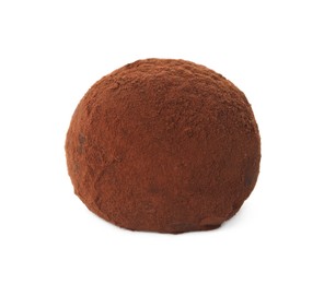 Photo of Delicious chocolate truffle powdered with cocoa isolated on white