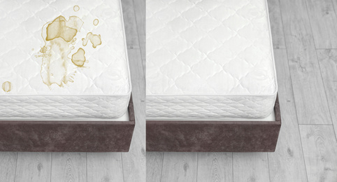 Image of Mattress before and after cleaning indoors  