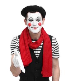 Funny mime artist greeting someone on white background