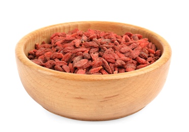 Photo of Wooden bowl with dried goji berries isolated on white