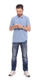 Photo of Handsome man using smartphone on white background