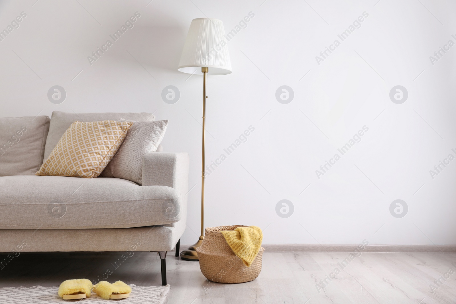 Photo of Interior of living room with comfortable sofa and floor lamp