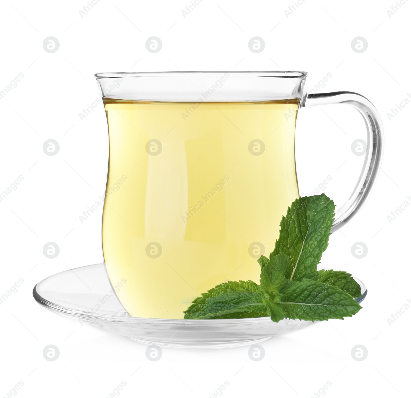 Photo of Cup with hot aromatic mint tea isolated on white