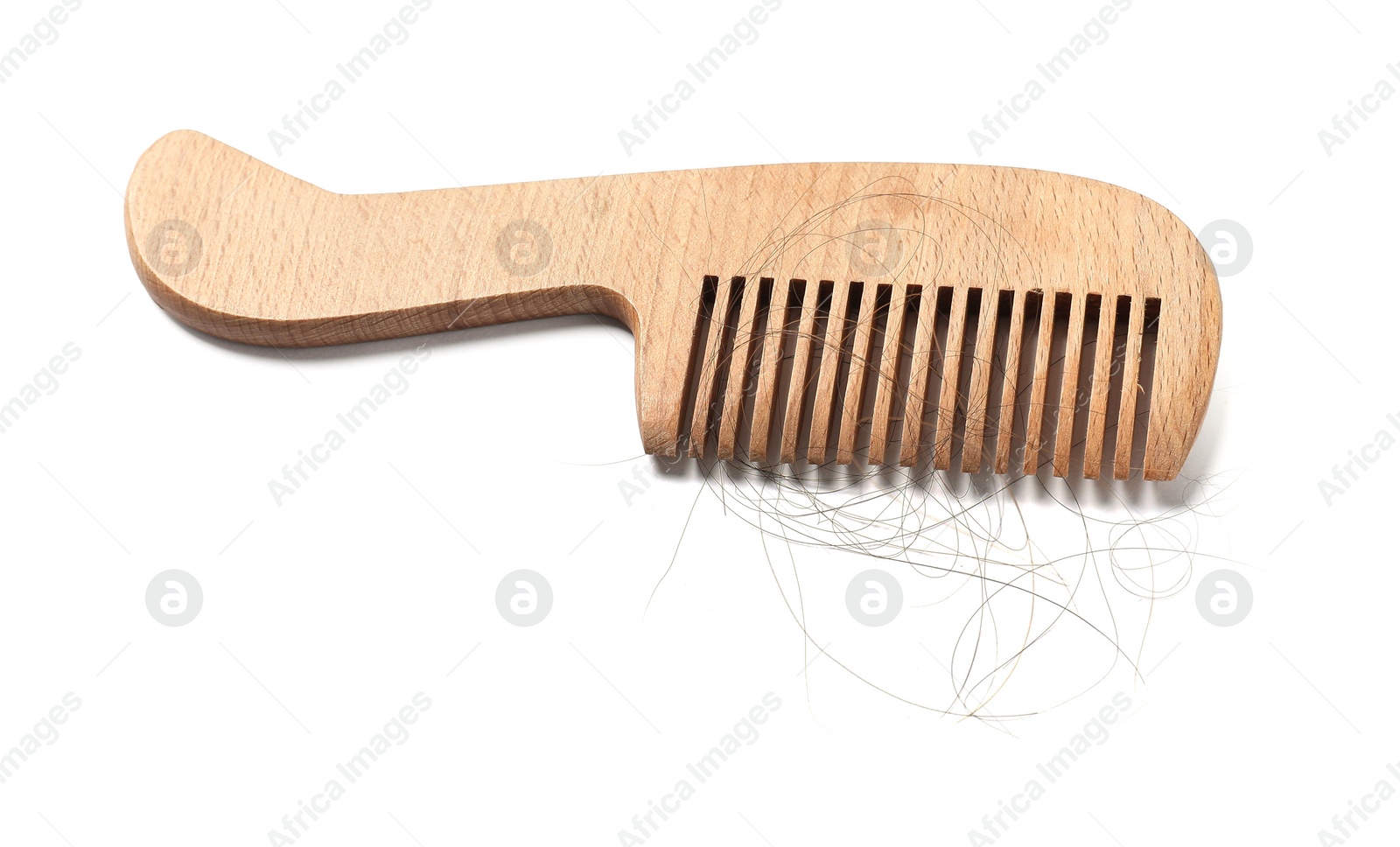 Photo of Wooden comb with lost hair isolated on white, above view