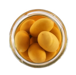 Photo of Open jar with pickled green olives on white background, top view