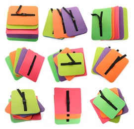 Set with colorful foam tourist seat mats on white background 