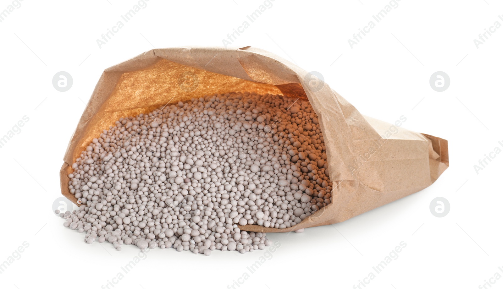 Photo of Paper bag with chemical fertilizer isolated on white. Gardening time