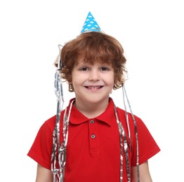 Happy little boy in party hat on white background