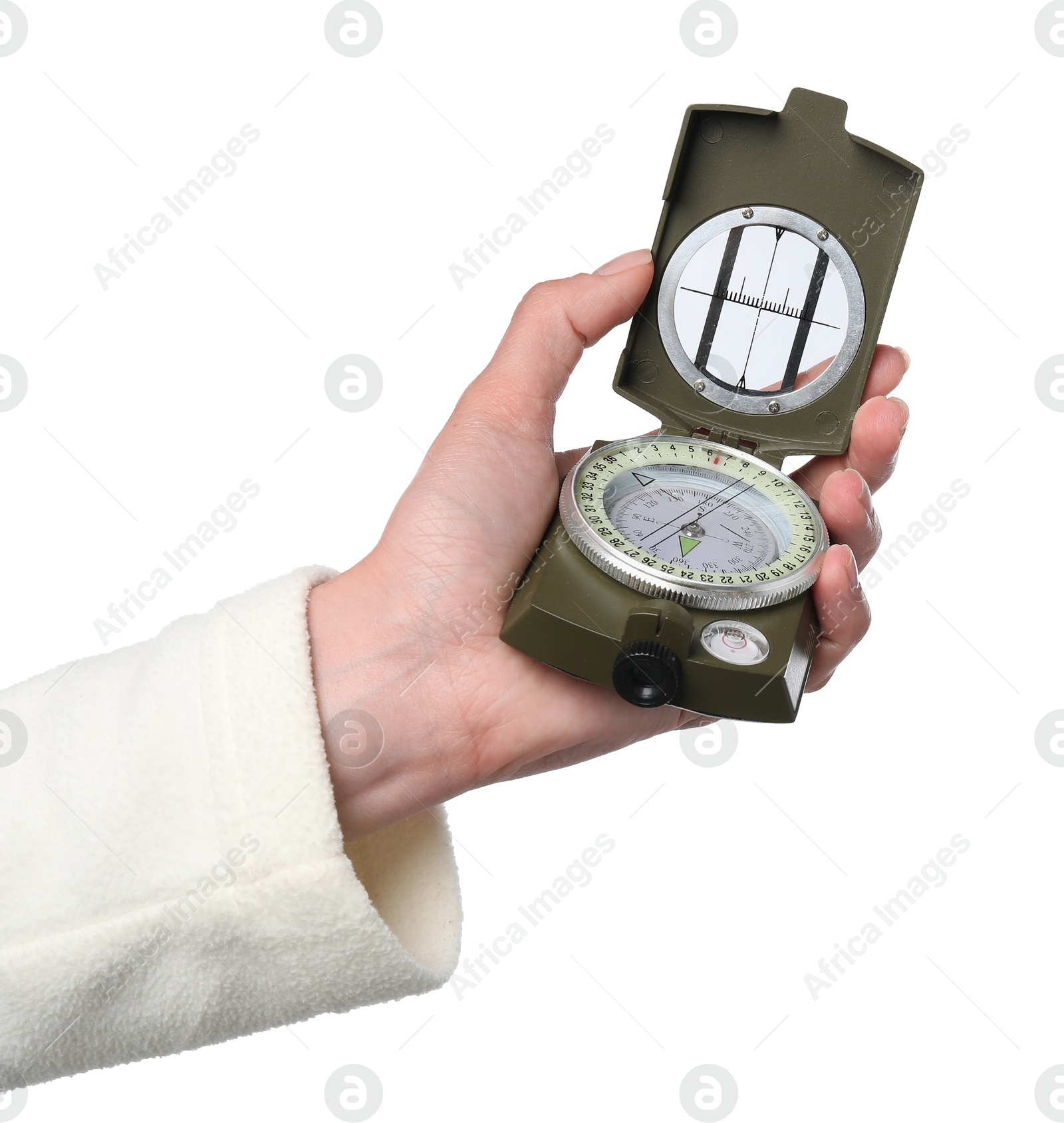 Photo of Woman holding compass on white background, closeup